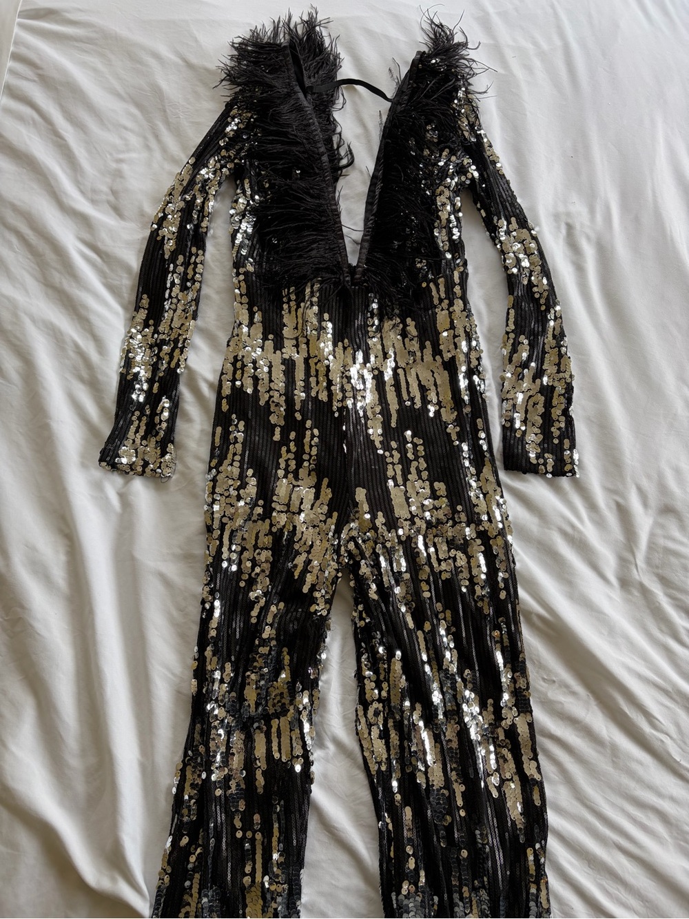 Black & Gold Sequin Feather Trim Jumpsuit